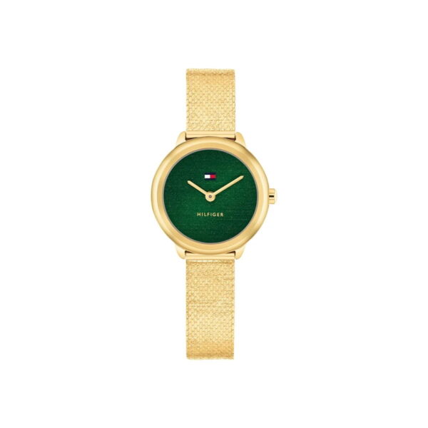 Eine goldene Tommy Hilfiger Demi-Armbanduhr mit grünem Zifferblatt, minimalistischem Design, einem strukturierten goldenen Armband und einem kleinen Logo mit der Aufschrift „Hilfiger“ auf dem Zifferblatt.