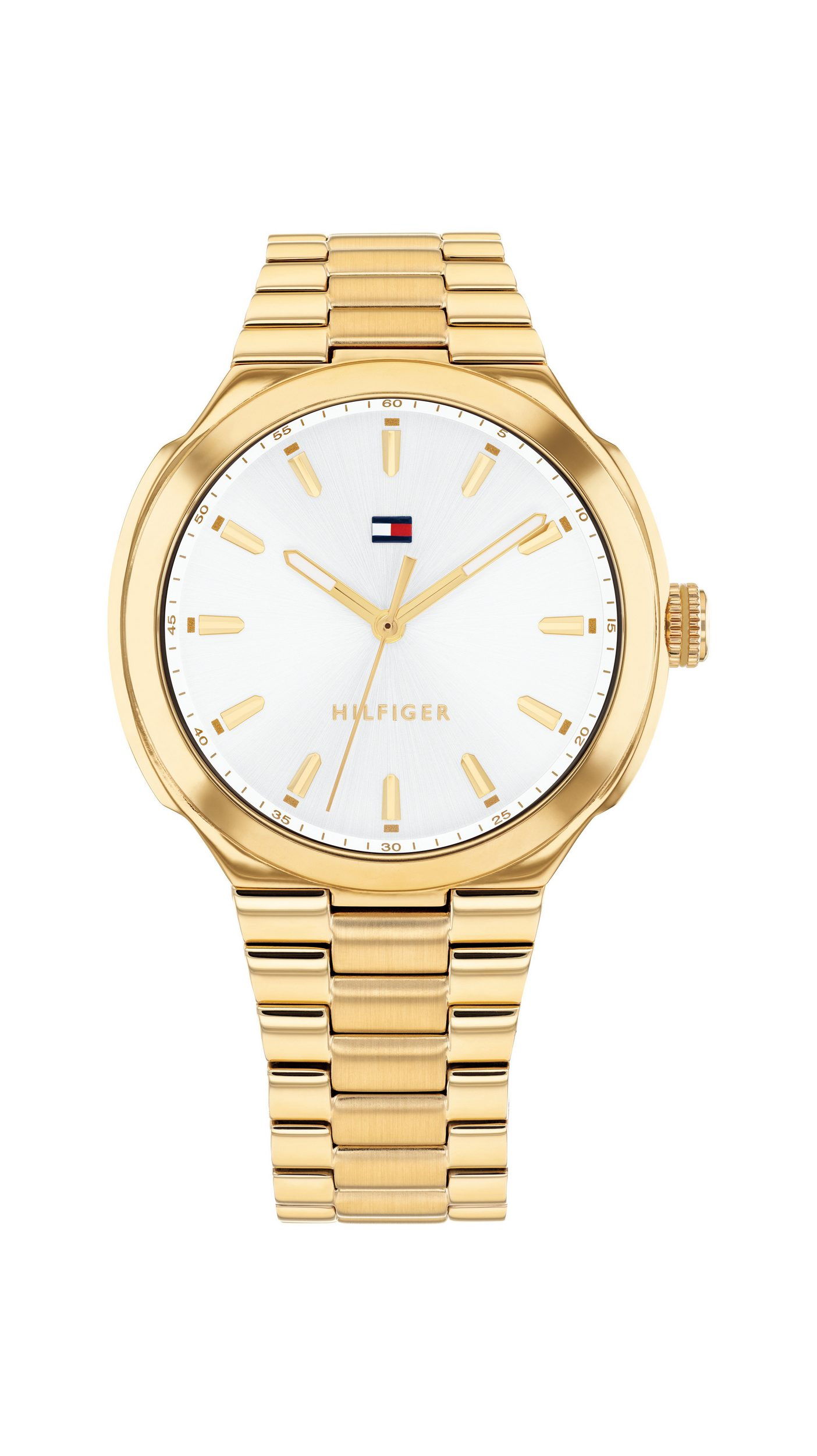 Eine goldene Armbanduhr der Marke Tommy Hilfiger Georgia mit weißem Zifferblatt, goldenen Indexen und Zeigern sowie einem goldenen Metallarmband. Unterhalb der 12-Uhr-Position sind das Hilfiger-Logo und der Markenname zu sehen.