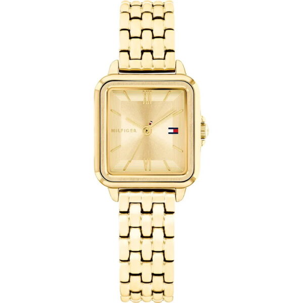 Die Tommy Hilfiger Mia ist eine goldene Damenarmbanduhr mit quadratischem Zifferblatt, goldenem Gliederarmband, minimalistischem Zifferblatt und dem Hilfiger-Flaggenlogo auf der rechten Seite des Zifferblatts.