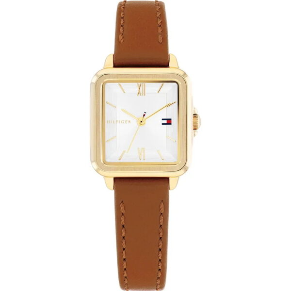 Eine quadratische Tommy Hilfiger Mia-Uhr in Gold mit weißem Zifferblatt und goldenen römischen Ziffern, einem braunen Lederarmband und dem Tommy Hilfiger-Logo auf der rechten Seite des Zifferblatts.