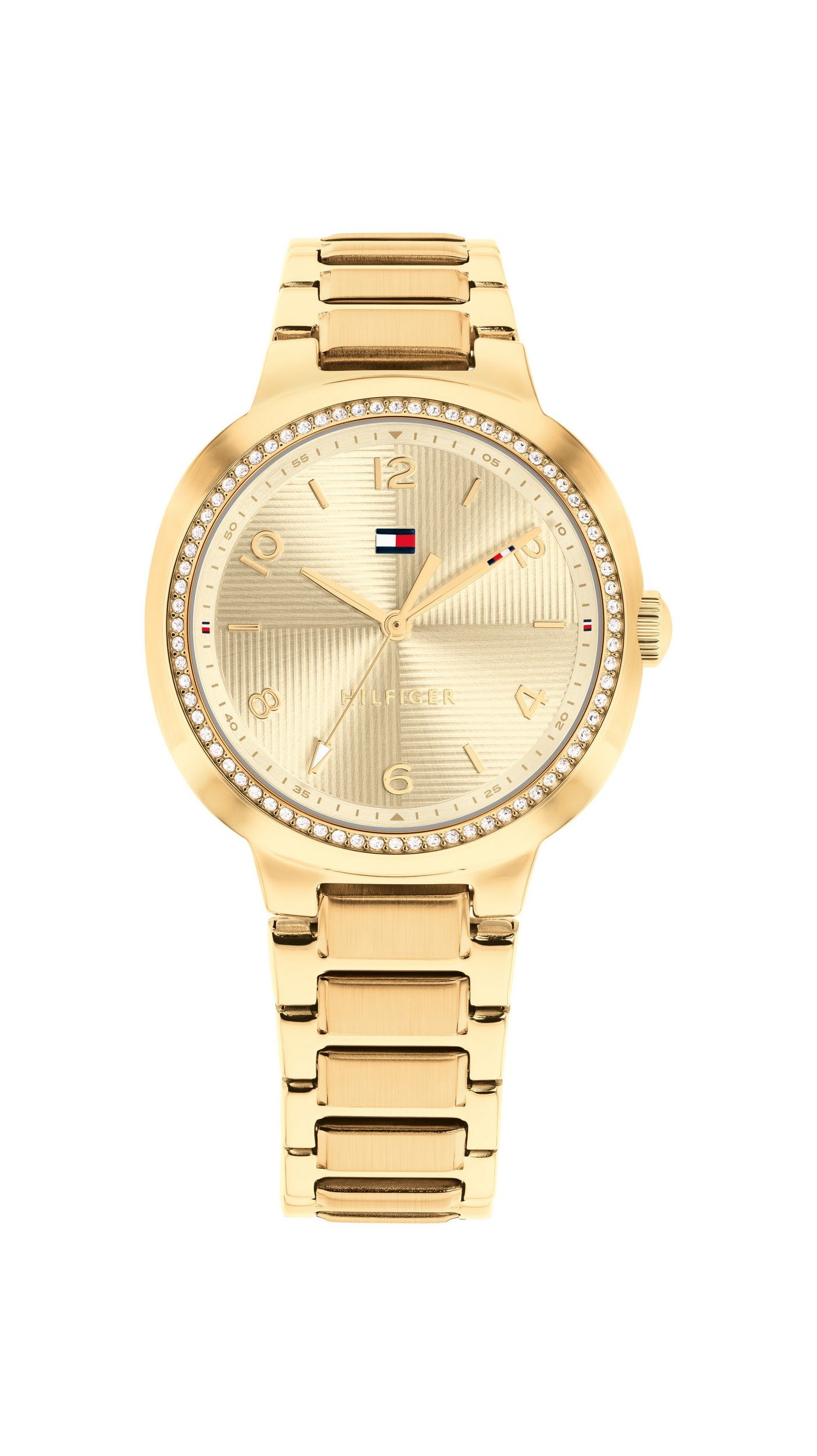 Goldfarbene Savannah-Armbanduhr mit rundem Zifferblatt, auf dem das Tommy Hilfiger-Logo zu sehen ist, schlichten Stundenindizes, einer mit Kristallen besetzten Lünette und einem goldenen Gliederarmband.