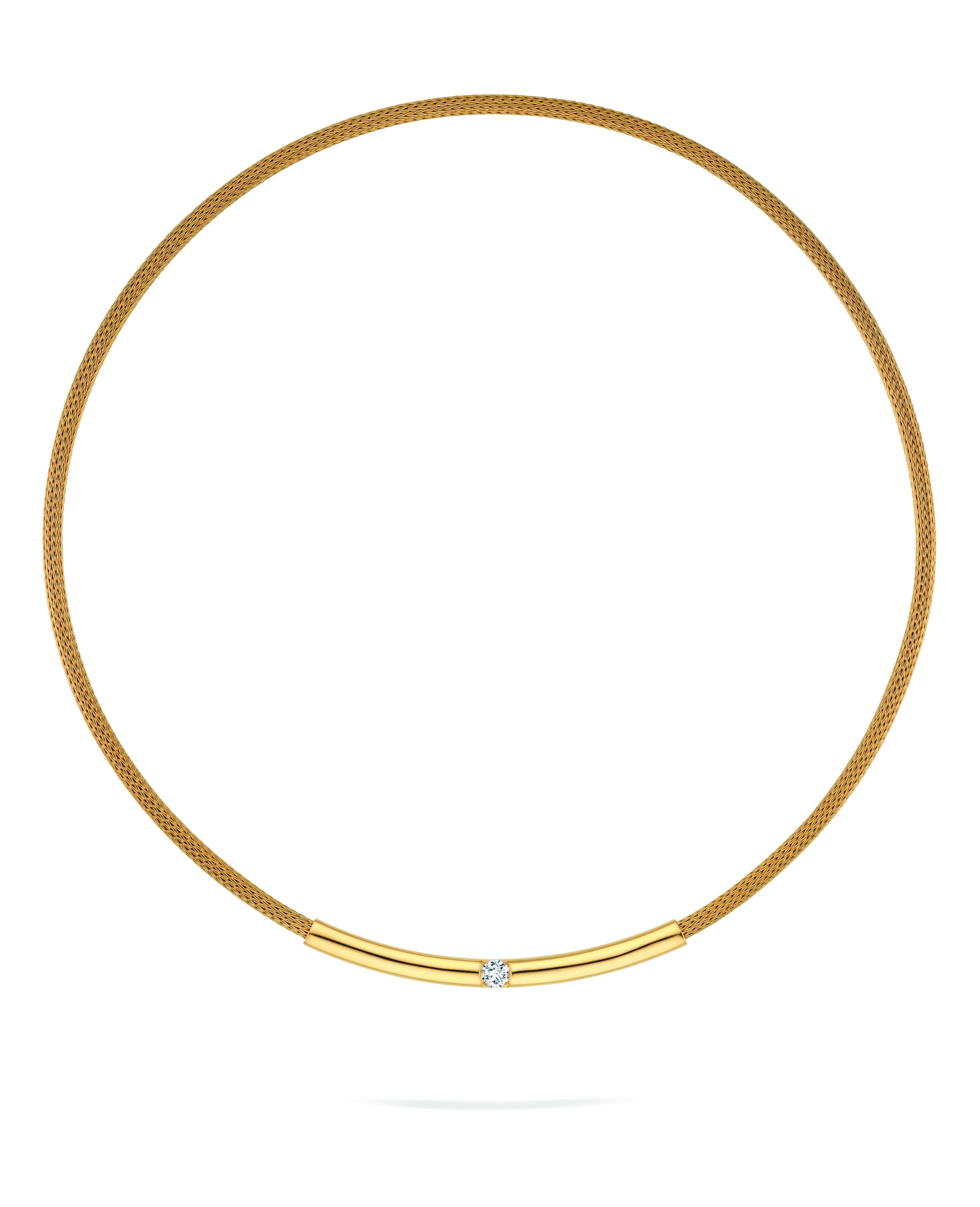 Jörg Heinz Infinity Flex Collier „Spalt“, eine goldene Netzkette mit einem kleinen, einzelnen Diamanten, der in der Mitte eines glatten, horizontalen Goldbalkens gefasst ist, vor weißem Hintergrund.