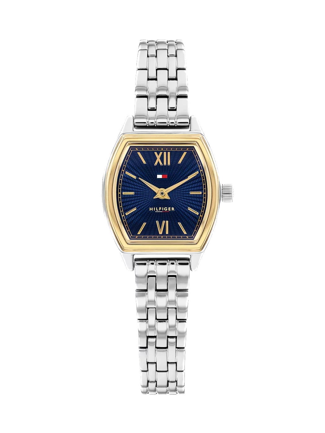 Eine Tommy Hilfiger Norah-Armbanduhr mit einem silberfarbenen Metallgliederarmband, blauem Zifferblatt, goldfarbener Lünette, römischen Ziffern bei 12 und 6 Uhr sowie dem Markenlogo oberhalb der Zifferblattmitte.