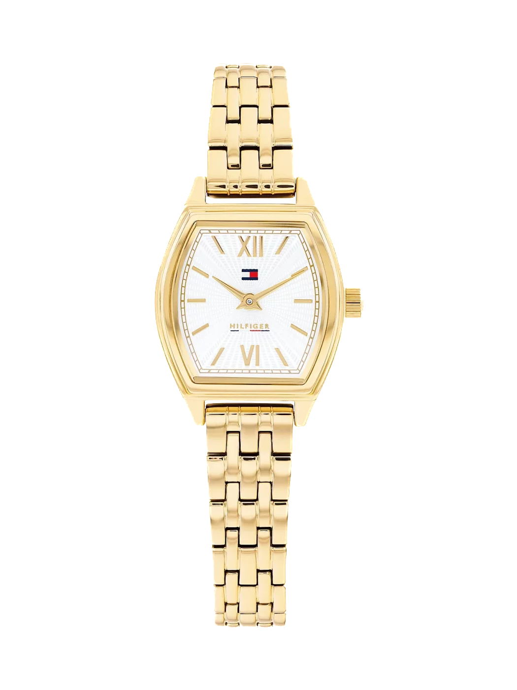 Die Tommy Hilfiger Norah ist eine goldene Armbanduhr mit einem weißen Zifferblatt mit goldenen römischen Ziffern, einem goldenen Gliederarmband und dem charakteristischen Tommy Hilfiger-Flaggenlogo in der Mitte.