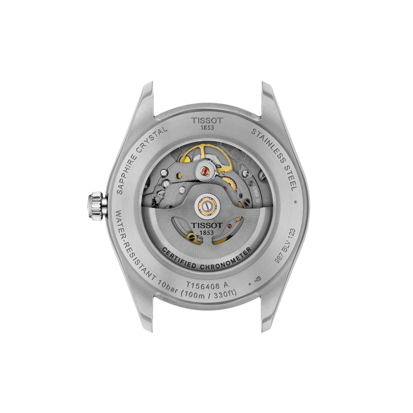 Rückansicht der Tissot Ballade 39 mm mit sichtbarem Automatikwerk, dessen Bauteile beschriftet sind, Saphirglas und einem Edelstahlgehäuse. Die Gravuren geben Auskunft über die Wasserdichtigkeit, die Zertifizierung und spezifische Modellangaben.