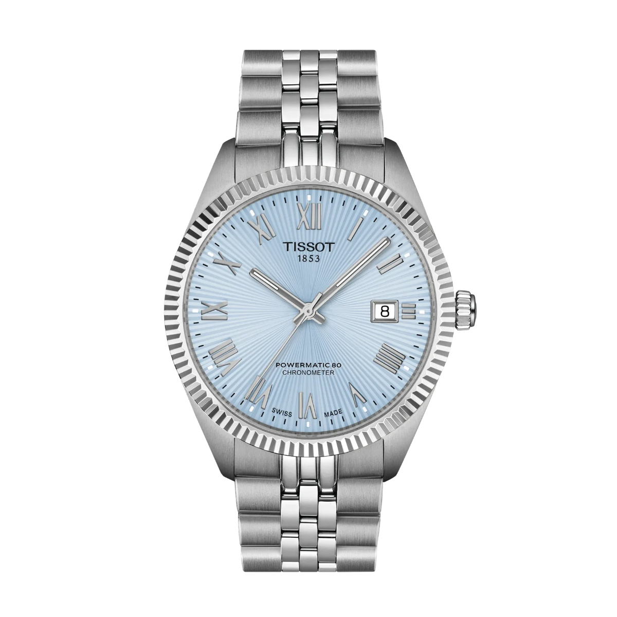 Eine Tissot Ballade 39 mm Armbanduhr mit silbernem Gehäuse, hellblauem Zifferblatt mit römischen Ziffern, einem Datumsfenster bei 3 Uhr und einem Metallgliederarmband. Auf dem Zifferblatt sind die Aufschriften „Powermatic 80 Chronometer“ und „Tissot 1853“ zu sehen.