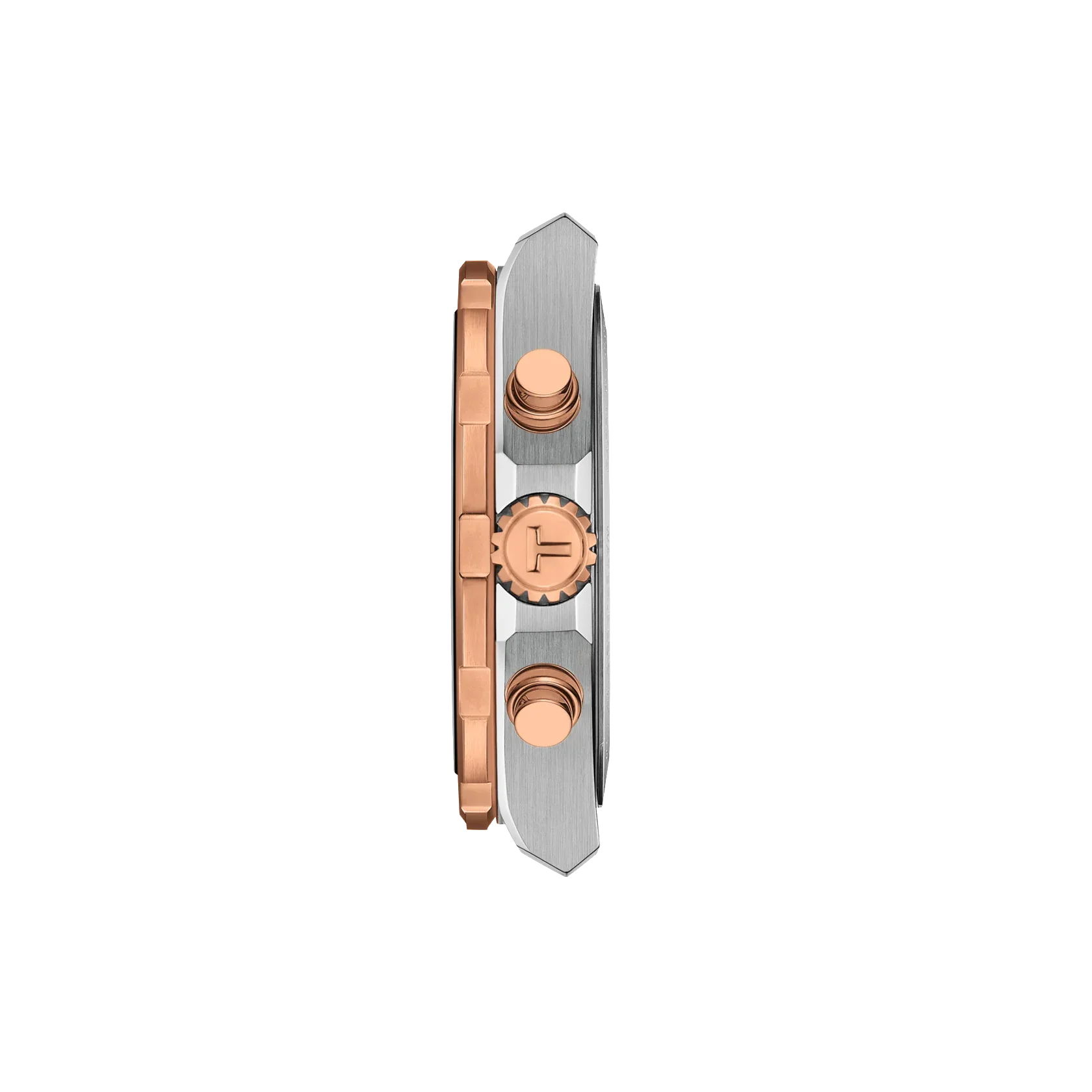 Seitenansicht des Gehäuses der Tissot Supersport Chrono 42 mm Armbanduhr mit zwei Drückern aus Roségold und einer Krone, die alle in ein silber- und roségoldfarbenes Metallgehäuse eingefasst sind, vor weißem Hintergrund.
