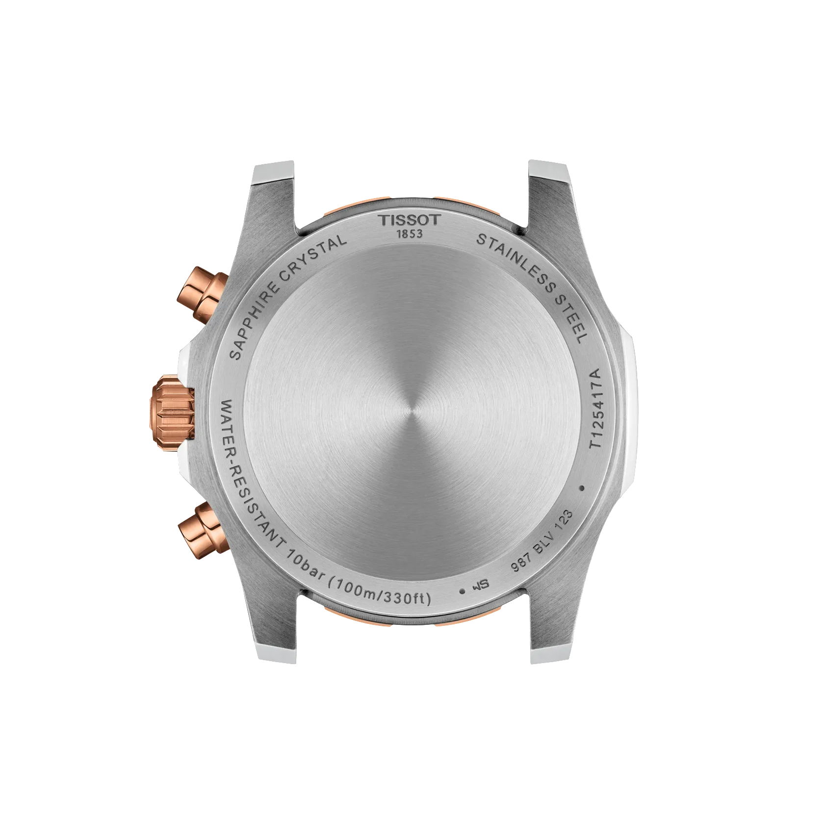 Rückansicht der Tissot Supersport Chrono 42 mm mit Edelstahlgehäuse und roségoldenen Drückern, auf der Angaben zur Wasserdichtigkeit, zum Saphirglas und zur Modellnummer eingraviert sind.