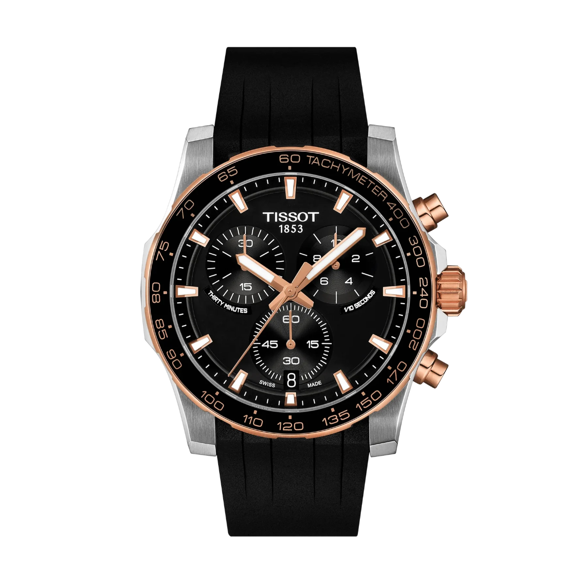 Die Tissot Supersport Chrono 42 mm verfügt über ein schwarzes Zifferblatt mit Akzenten in Roségold, ein schwarzes Kautschukarmband, drei Hilfszifferblätter und eine Tachymeterskala auf der Lünette.