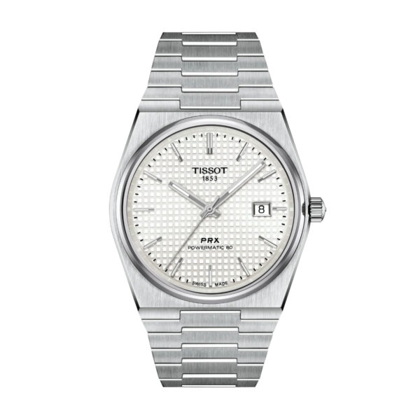 Eine Tissot PRX 40MM Armbanduhr in Silber mit einem strukturierten weißen Zifferblatt, einem Datumsfenster bei 3 Uhr und einem Edelstahlarmband.
