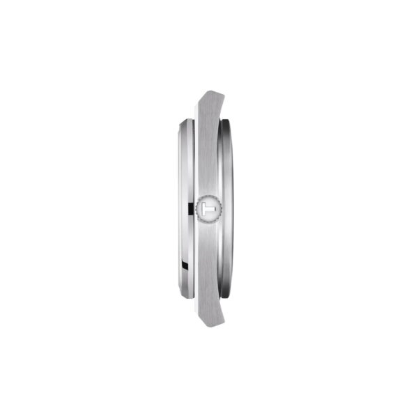 Seitenansicht einer schlanken, runden silbernen Tissot PRX 40MM Armbanduhr mit einer einzigen Krone auf der rechten Seite, vor einem schlichten weißen Hintergrund.
