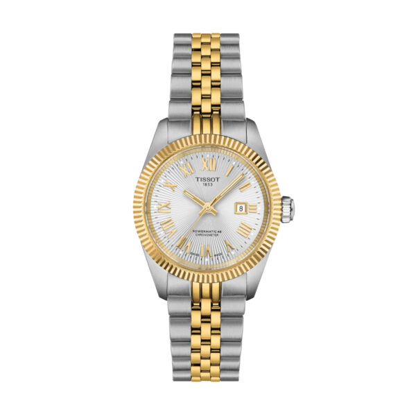 Die Tissot Ballade Powermatic 48 30 MM verfügt über ein zweifarbiges Metallarmband in Silber und Gold, ein silbernes Zifferblatt mit Struktur, goldene römische Ziffern, goldene Zeiger und ein Datumsfenster bei 3 Uhr.