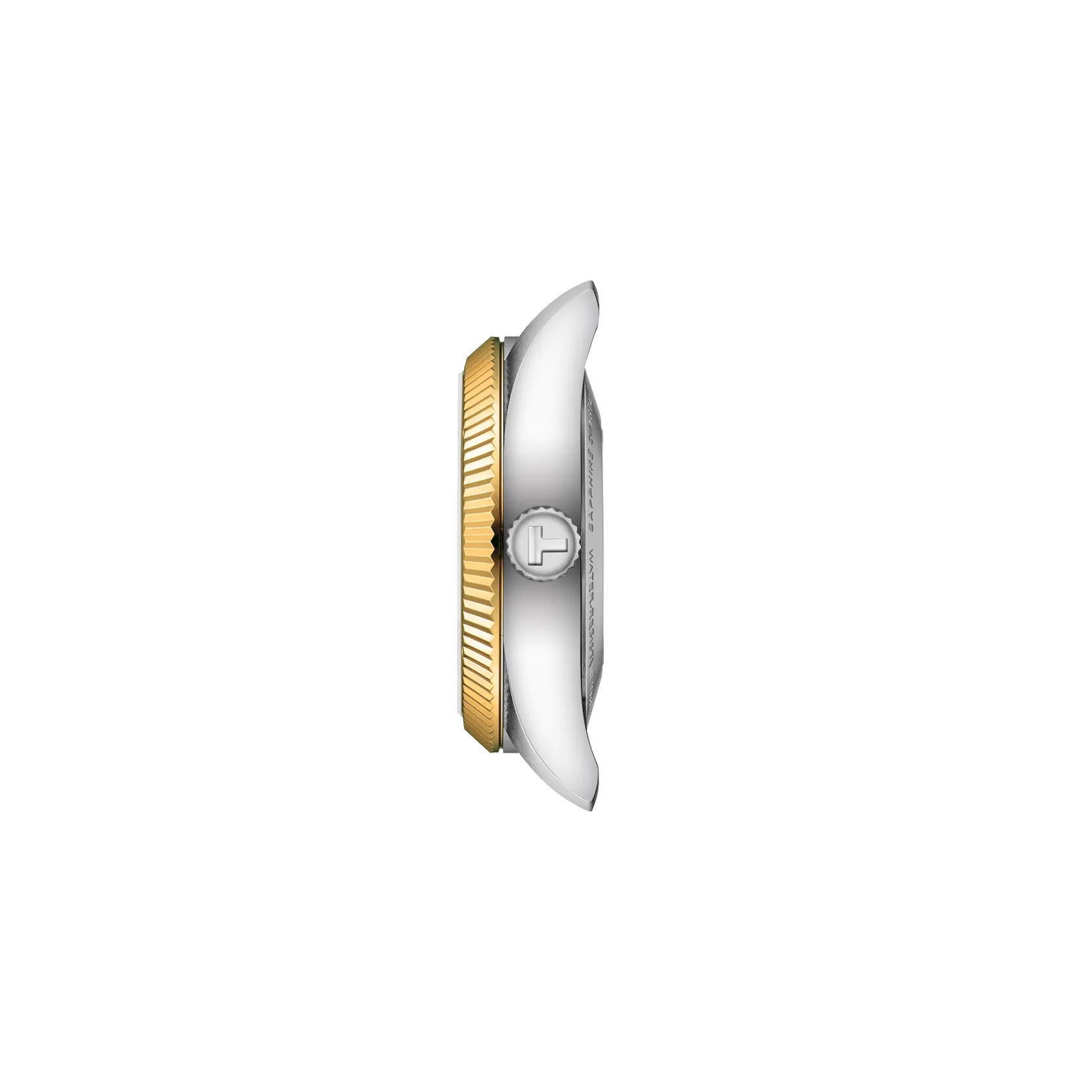 Seitenansicht der Tissot Ballade Powermatic 48 30 MM Armbanduhr mit metallischem Gehäuse, goldfarbener Lünette und silberner Krone vor einem schlichten weißen Hintergrund.