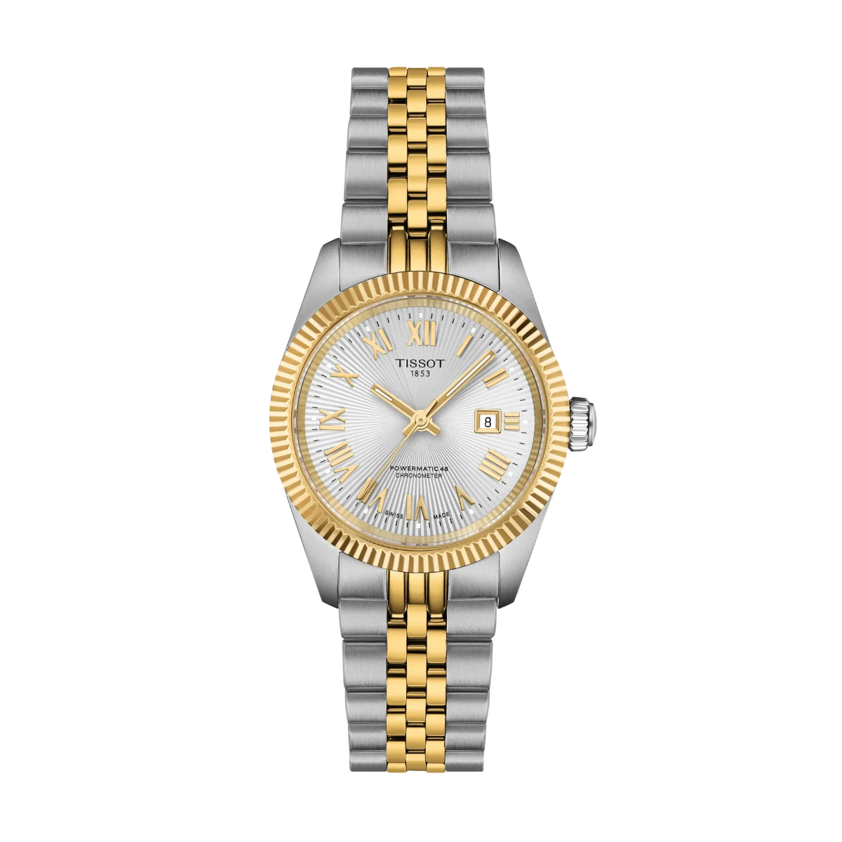 Die Tissot Ballade Powermatic 48 30 MM verfügt über ein zweifarbiges Metallarmband in Silber und Gold, ein silbernes Zifferblatt mit Struktur, goldene römische Ziffern, goldene Zeiger und ein Datumsfenster bei 3 Uhr.