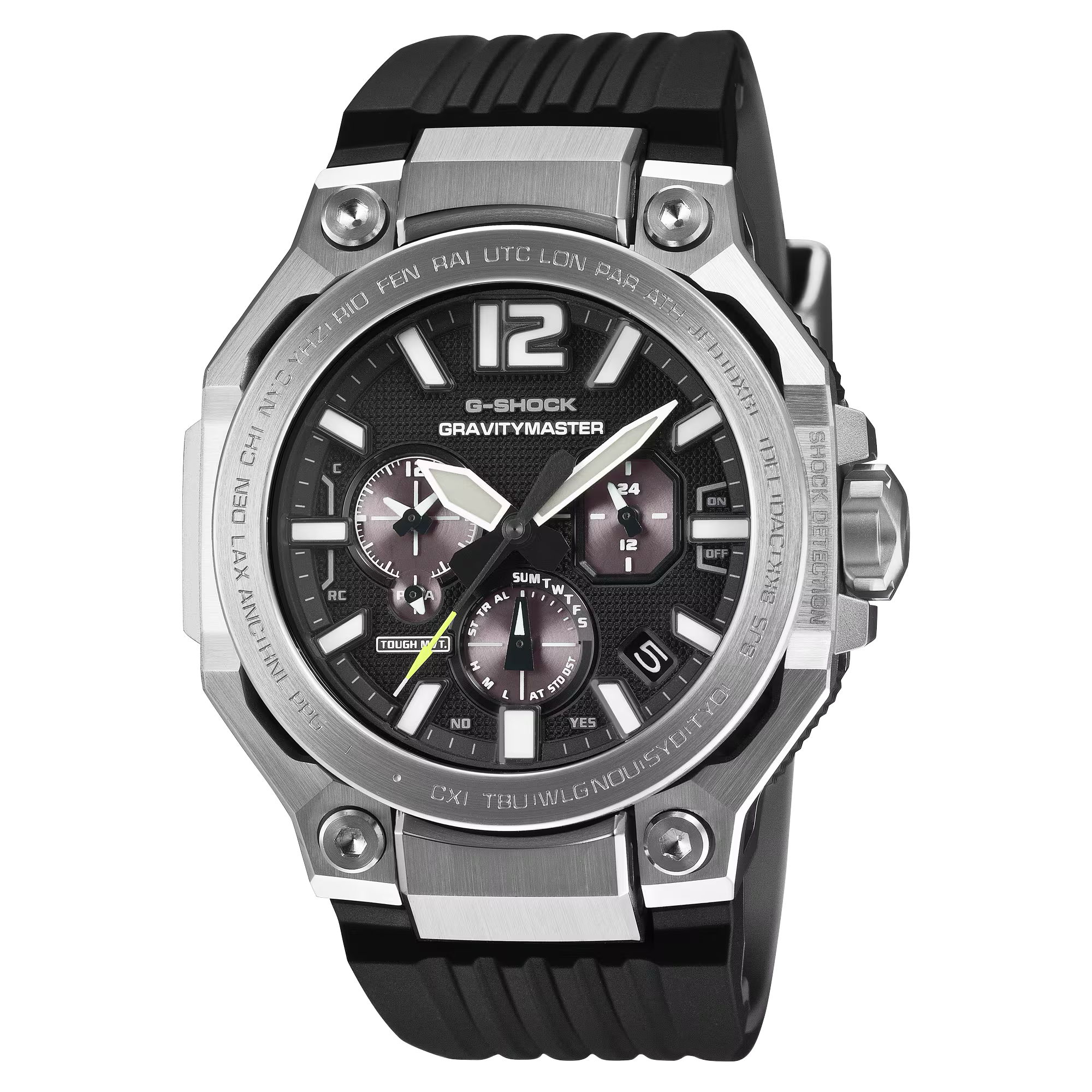 Eine G-Shock Pro Master of G Gravitymaster-Uhr im schwarz-silbernen Design mit analoger und digitaler Anzeige, einem schwarzen Kautschukarmband, mehreren Zifferblättern auf dem Zifferblatt und metallischen Akzenten.