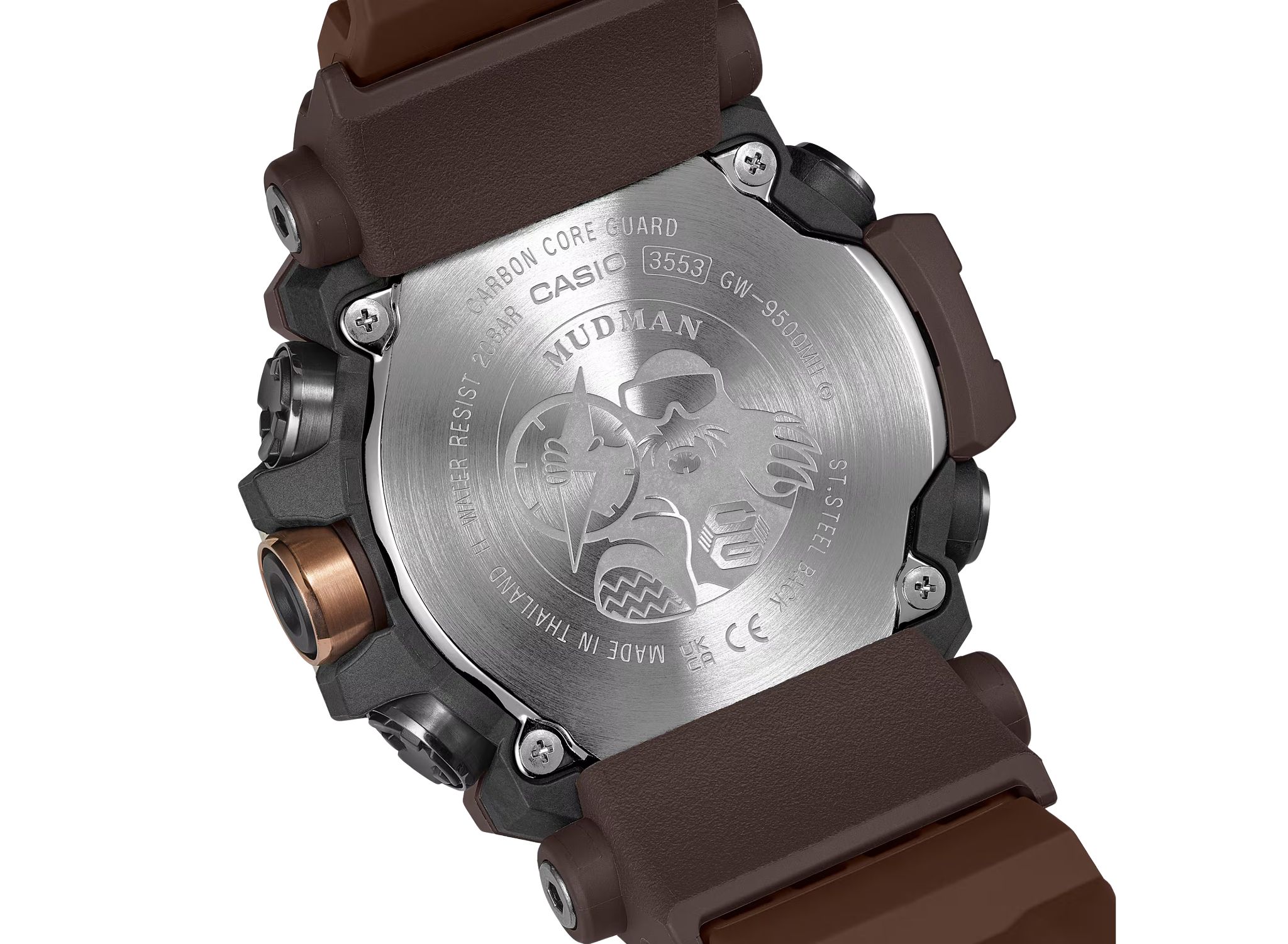 Nahaufnahme der Rückseite einer G-Shock Pro Master Of G Mudman-Uhr mit eingravierten Logos und Schriftzügen wie „Carbon Core Guard“, „Mudman“ sowie technischen Angaben; dabei sind braune und schwarze Armbänder zu sehen.