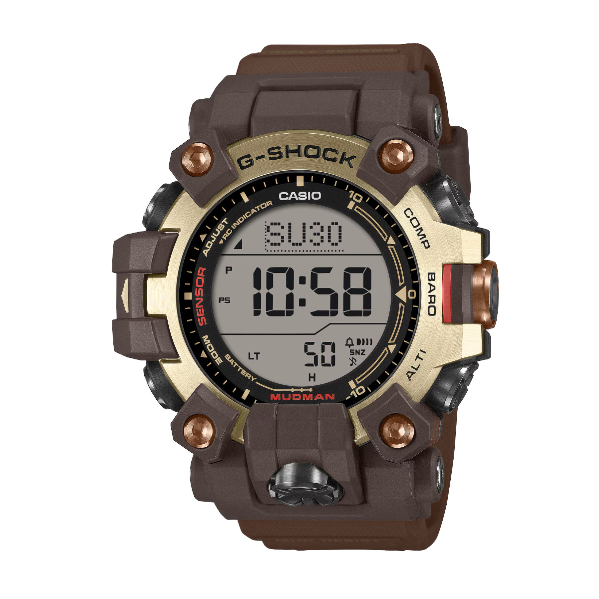 Digitale G-Shock Pro Master Of G Mudman-Uhr mit braunem Armband, goldenen Akzenten und mehreren Funktionstasten, auf deren Display die Uhrzeit 10:58 sowie verschiedene Sensoranzeigen zu sehen sind.