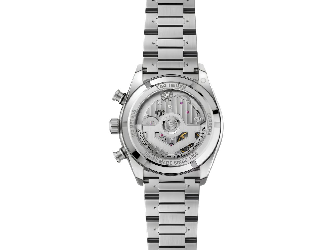 Rückansicht des TAG Heuer Carrera Chronograph Sport mit Edelstahlgehäuse, dessen komplexes mechanisches Uhrwerk durch den transparenten Gehäuseboden sichtbar wird.