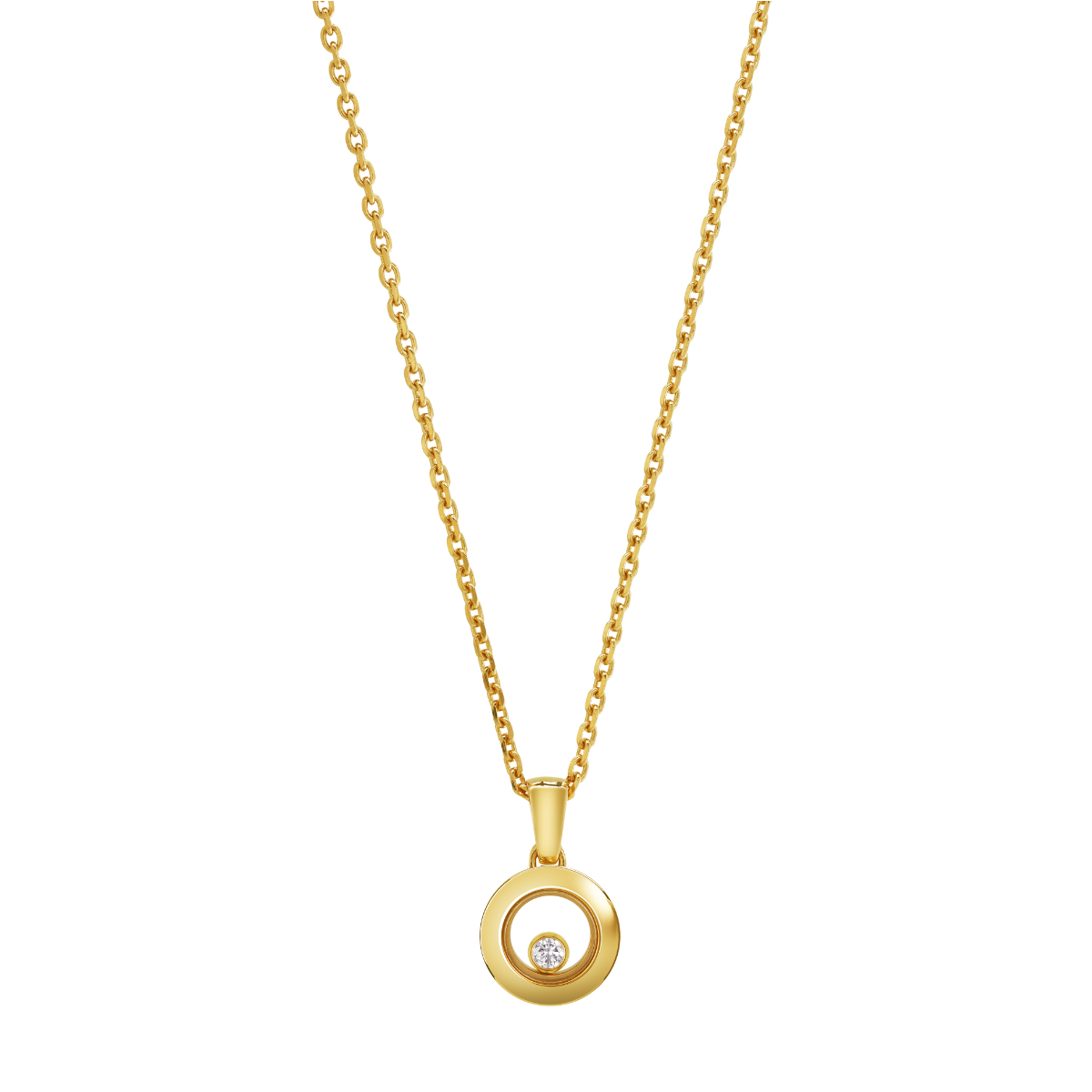 Chopard Happy Diamonds Collier mit einer zarten Goldkette und einem runden Anhänger, in dessen Mitte ein kleiner Diamant vor einem weißen Hintergrund sitzt.