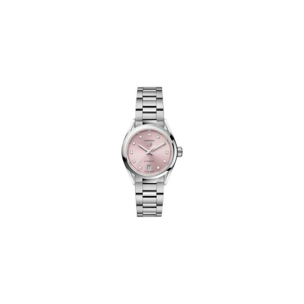 TAG Heuer Carrera Date-Uhr in Silbertönen mit einem metallisch-rosa Zifferblatt, Diamant-Indexen und einem Datumsfenster bei 6 Uhr.