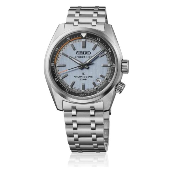 Seiko Prospex Automatic 145th Anniversary Limited Edition – Automatik-Chronographenuhr aus Edelstahl mit strukturiertem hellblauem Zifferblatt und Metallgliederarmband.
