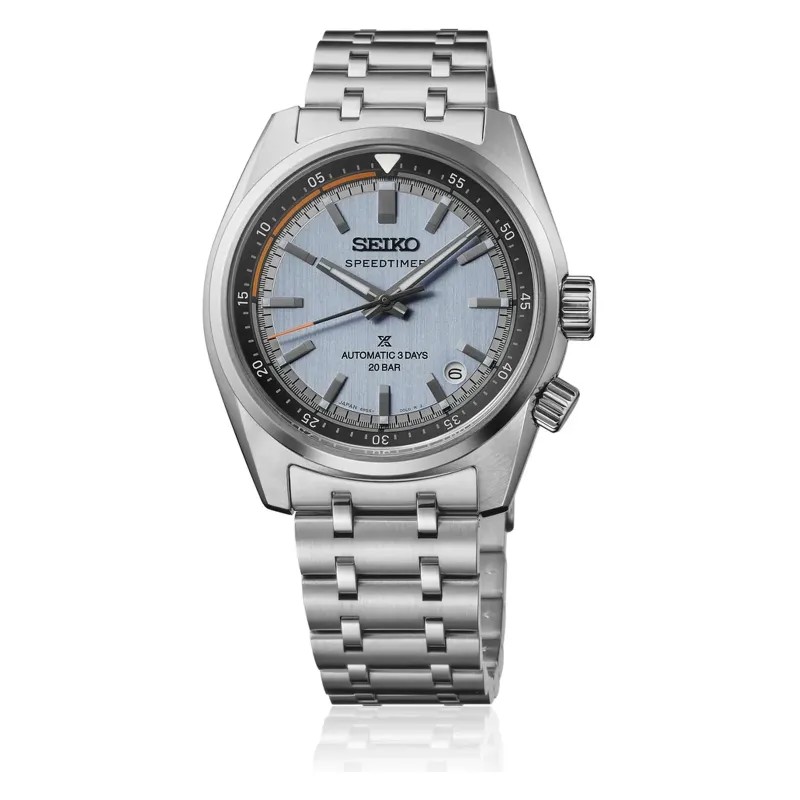 Seiko Prospex Automatic 145th Anniversary Limited Edition – Automatik-Chronographenuhr aus Edelstahl mit strukturiertem hellblauem Zifferblatt und Metallgliederarmband.