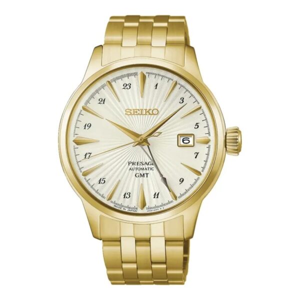 Analoge Armbanduhr „Seiko Presage Cocktail Time Automatik“ in Goldoptik mit weißem Zifferblatt, goldenen Indexen, einem Datumsfenster und einem passenden Metallarmband in Goldoptik mit Gliedern.